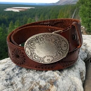 B Low The Belt Brown 32 Women Leather Woven Stitched Tooled Boho Western Cowgirl